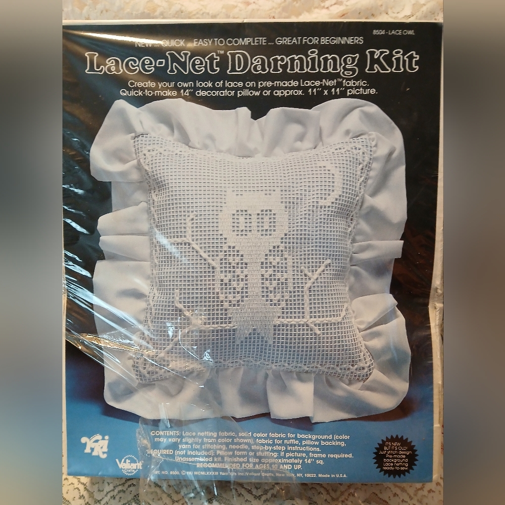 Vintage Valiant Lace Net Darning Kit #8504 Lace Owl New In Box 14" Pillow